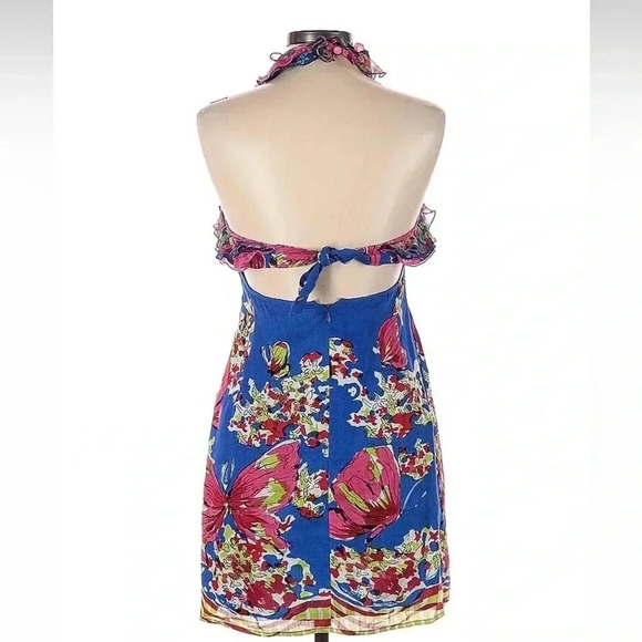 Nanette Lepore Blue Floral Butterfly Silk & Linen Halter Cocktail Dress Size 4 - Picture 2 of 8